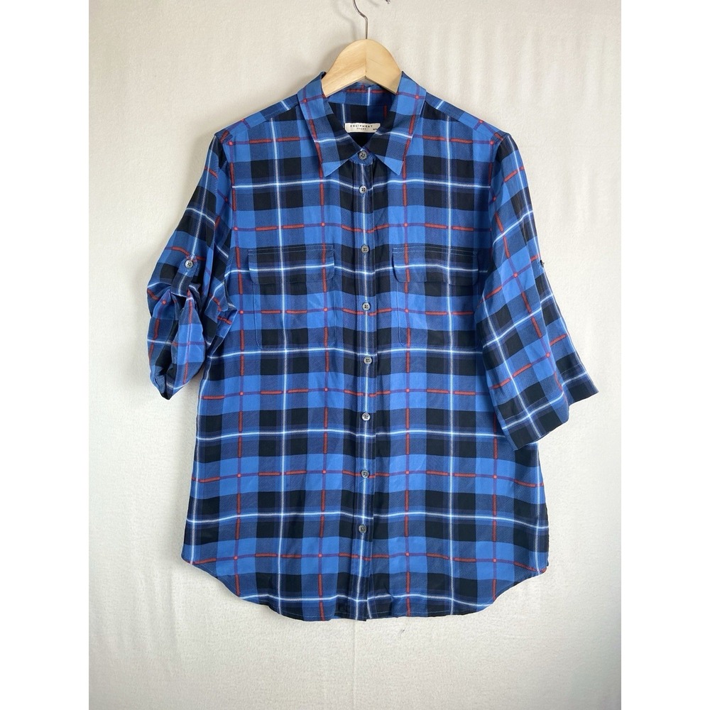 Equipment Femme Silk Plaid Button Up Shirt Womens M Blue Check Roll Tab Sleeve